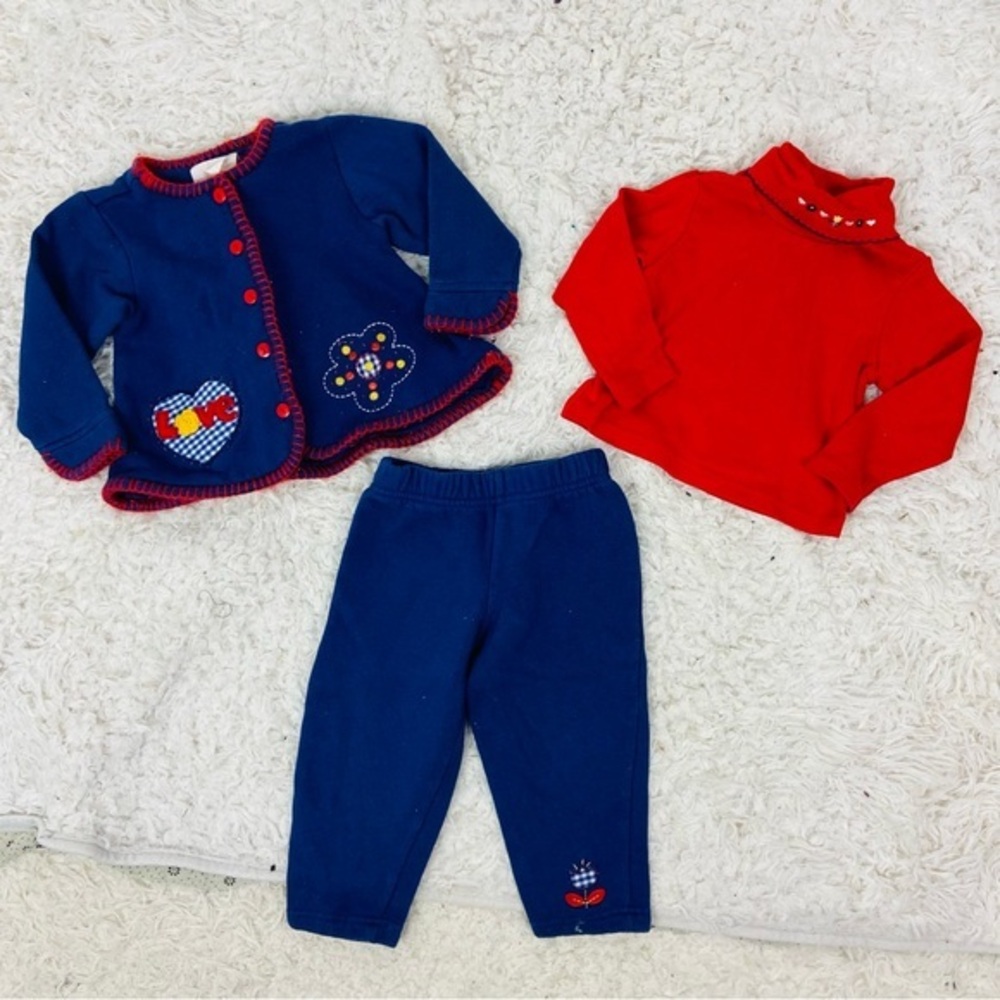Vintage buster brown Blue & Red embroidered floral 3 piece Toddler Outfit Set